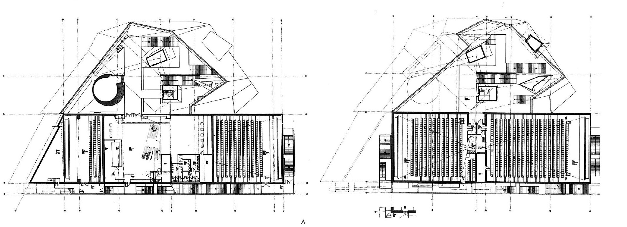 Interior sections showing the cinema halls with tiered seating arrangements