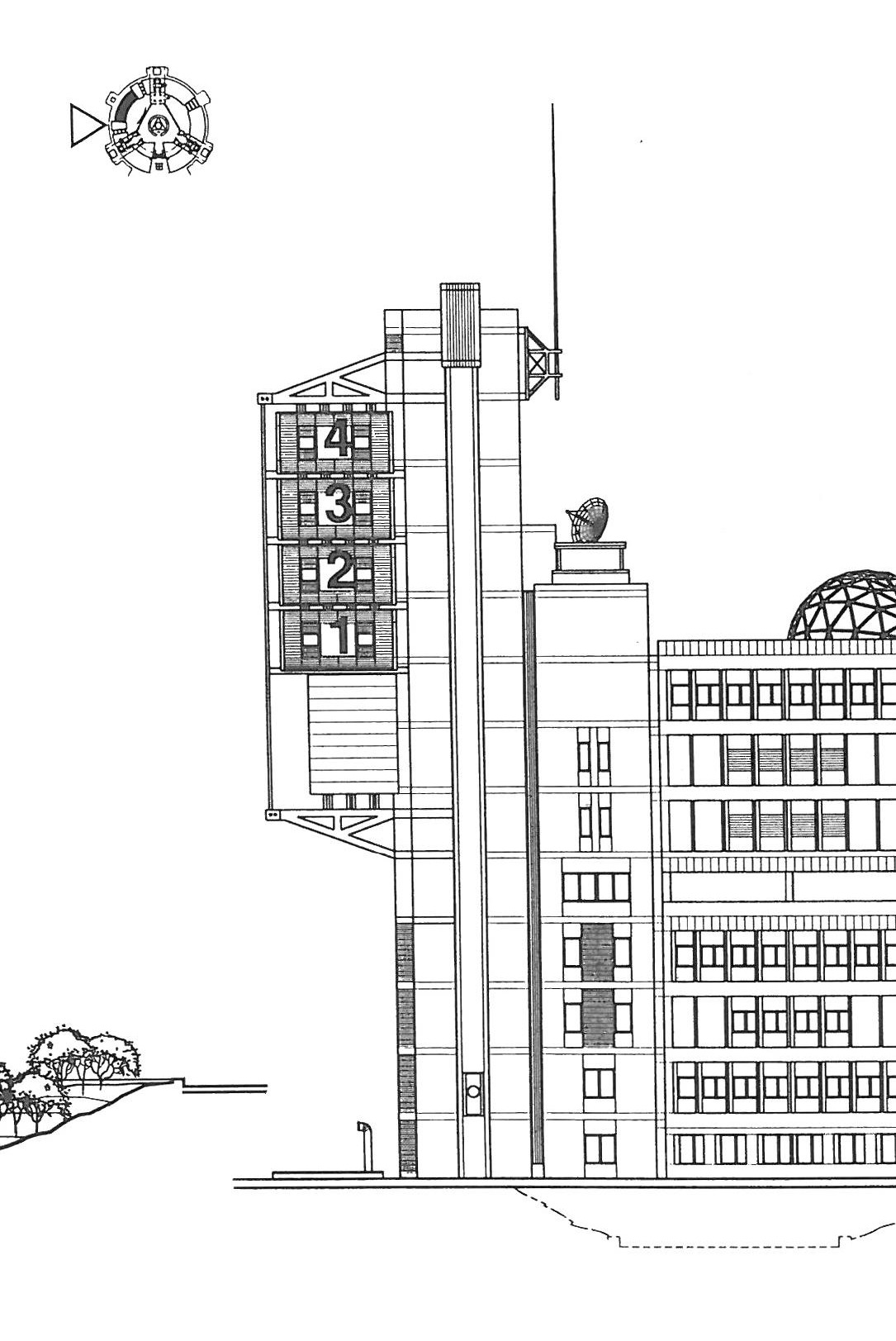 Radio Broadcasting Production Station — master's thesis by Reza Aliabadi (University of Tehran, 1999) — west elevation
