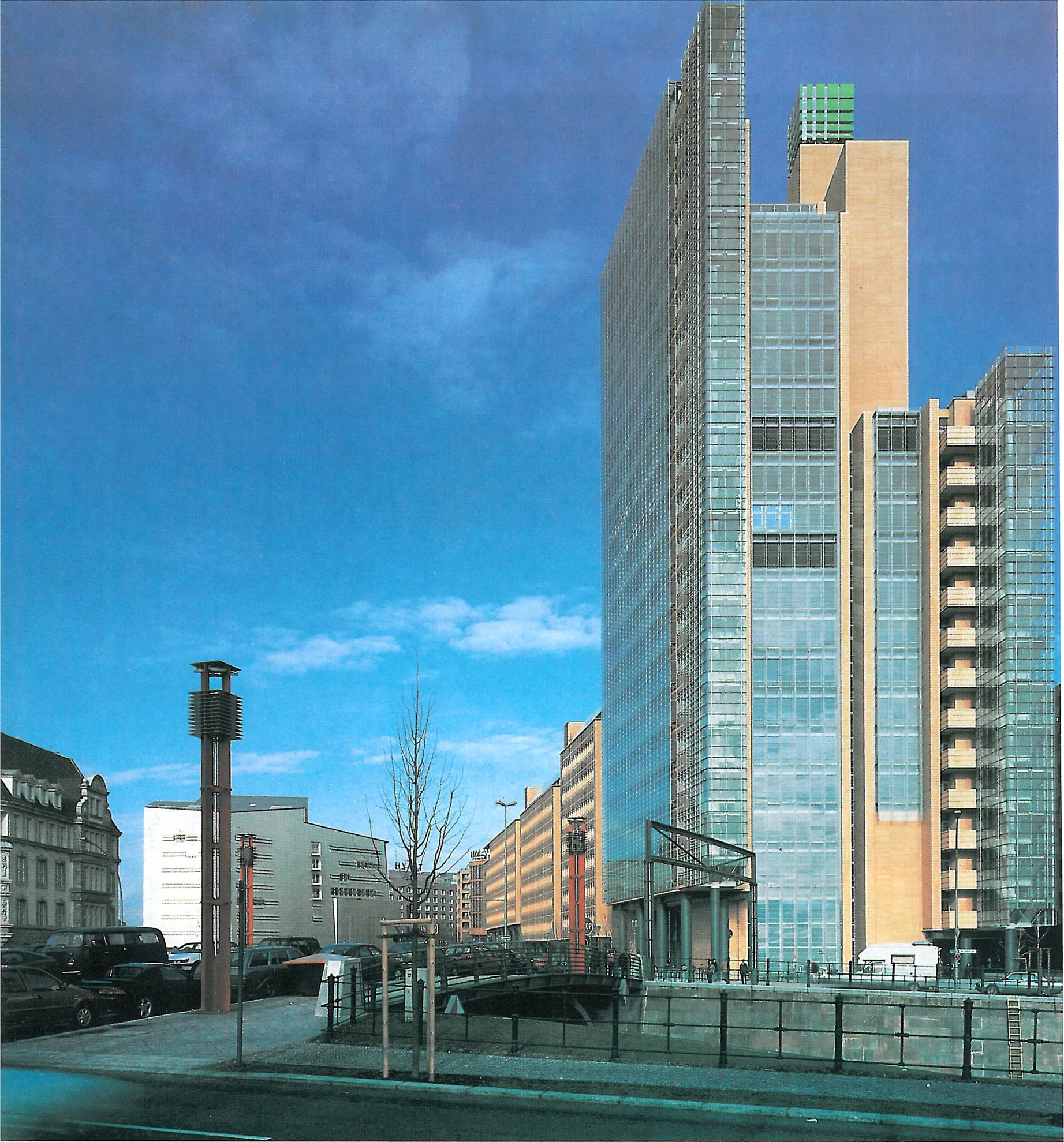 The Piano–Kohlbecker debis Tower with its illuminated green beacon at the crown