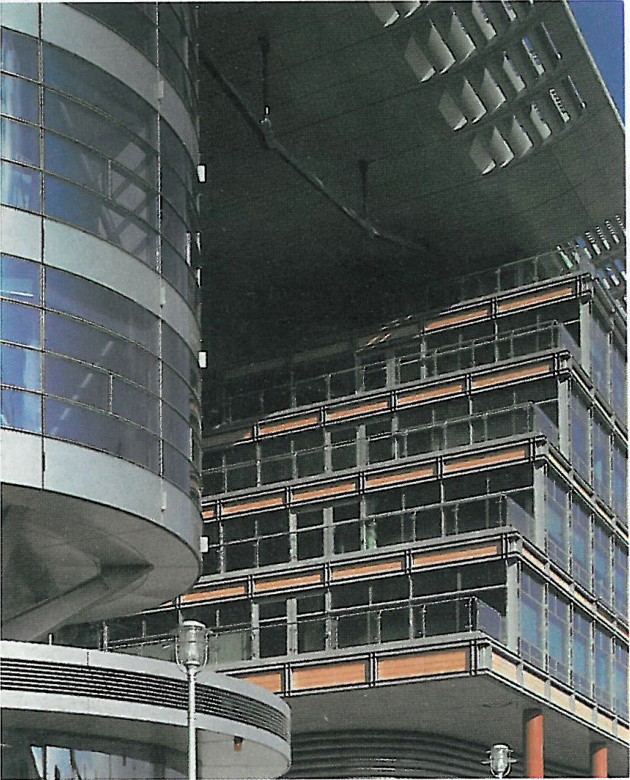 Interior detail of Isozaki's gateway block looking out toward the plaza