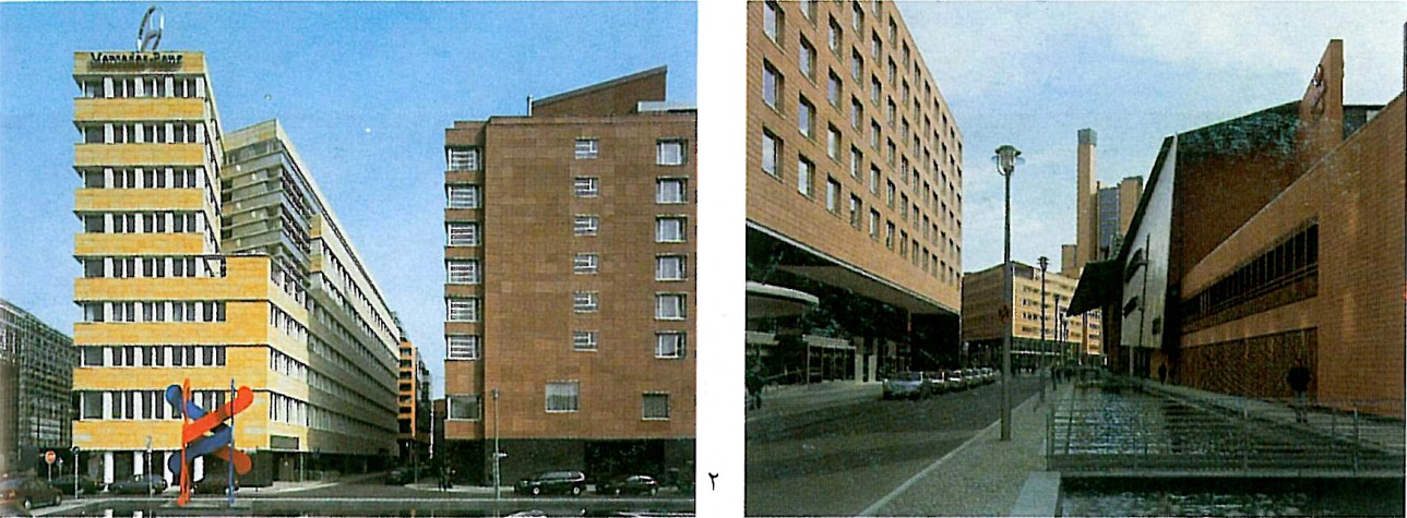 Two adjacent photos: Lauber & Wohr's yellow-clad office tower (left) and the approach to the Hyatt with the Musical Theatre's red gable (right)