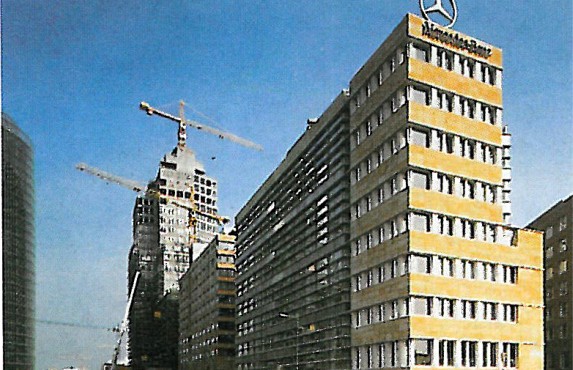 Corner view of one of Kollhoff's brick-clad towers