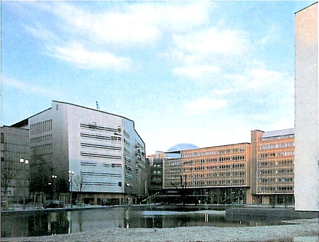 Side-street view between two of the new mid-rise blocks