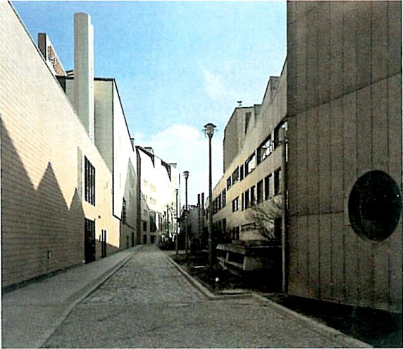 Looking down a pedestrian street running between the new blocks