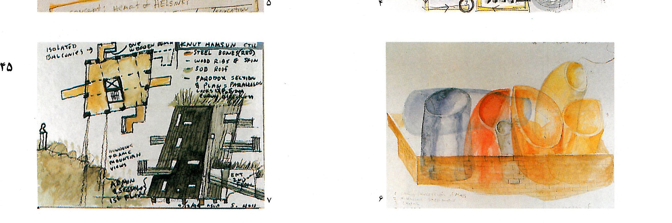 Steven Holl site plan studies and watercolor compositions