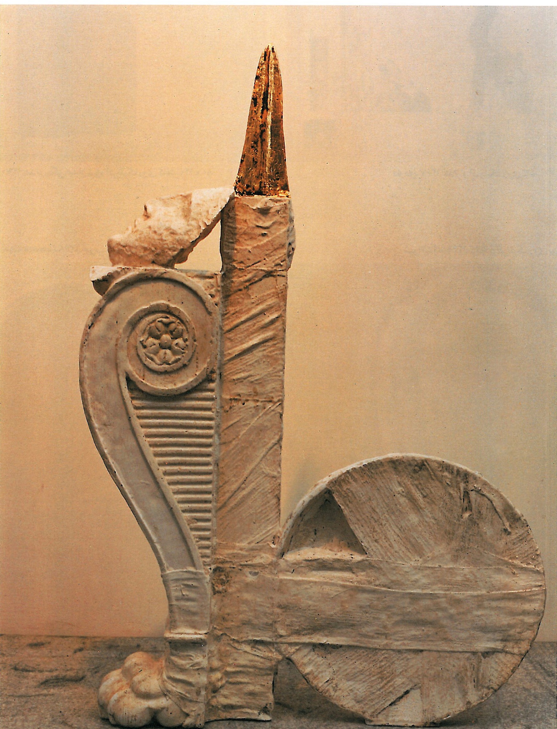 Riddle/Sphinx, assemblage sculpture with gold leaf and plaster bandaging, height 70