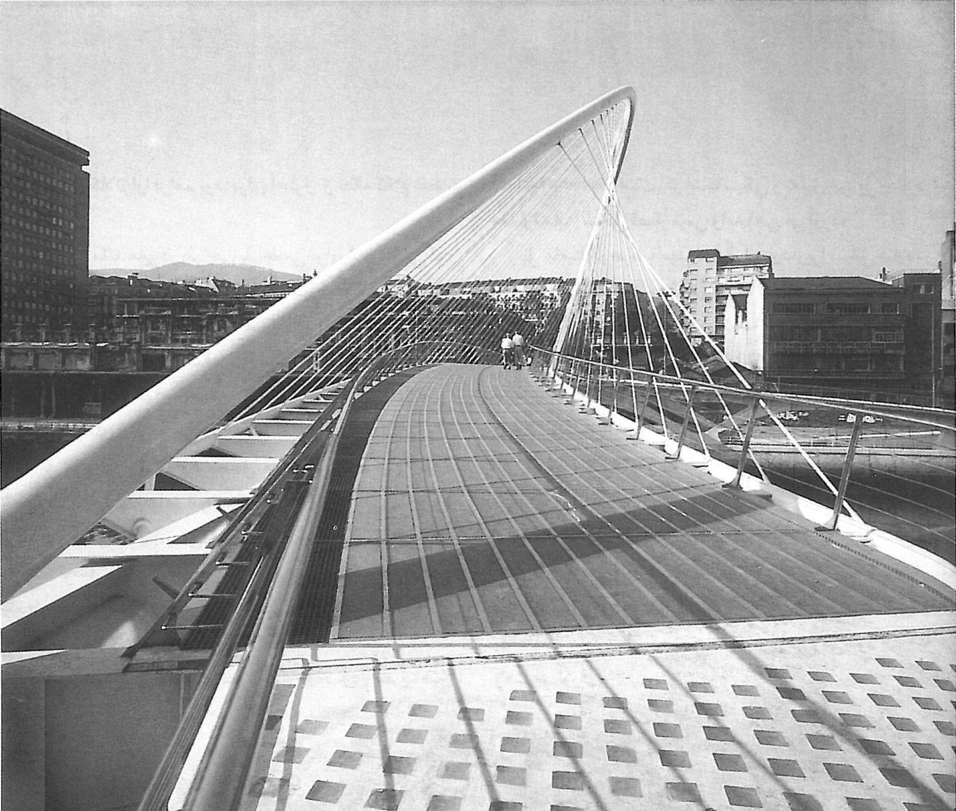 The deck, arch and suspension cables of Calatrava’s footbridge in Bilbao