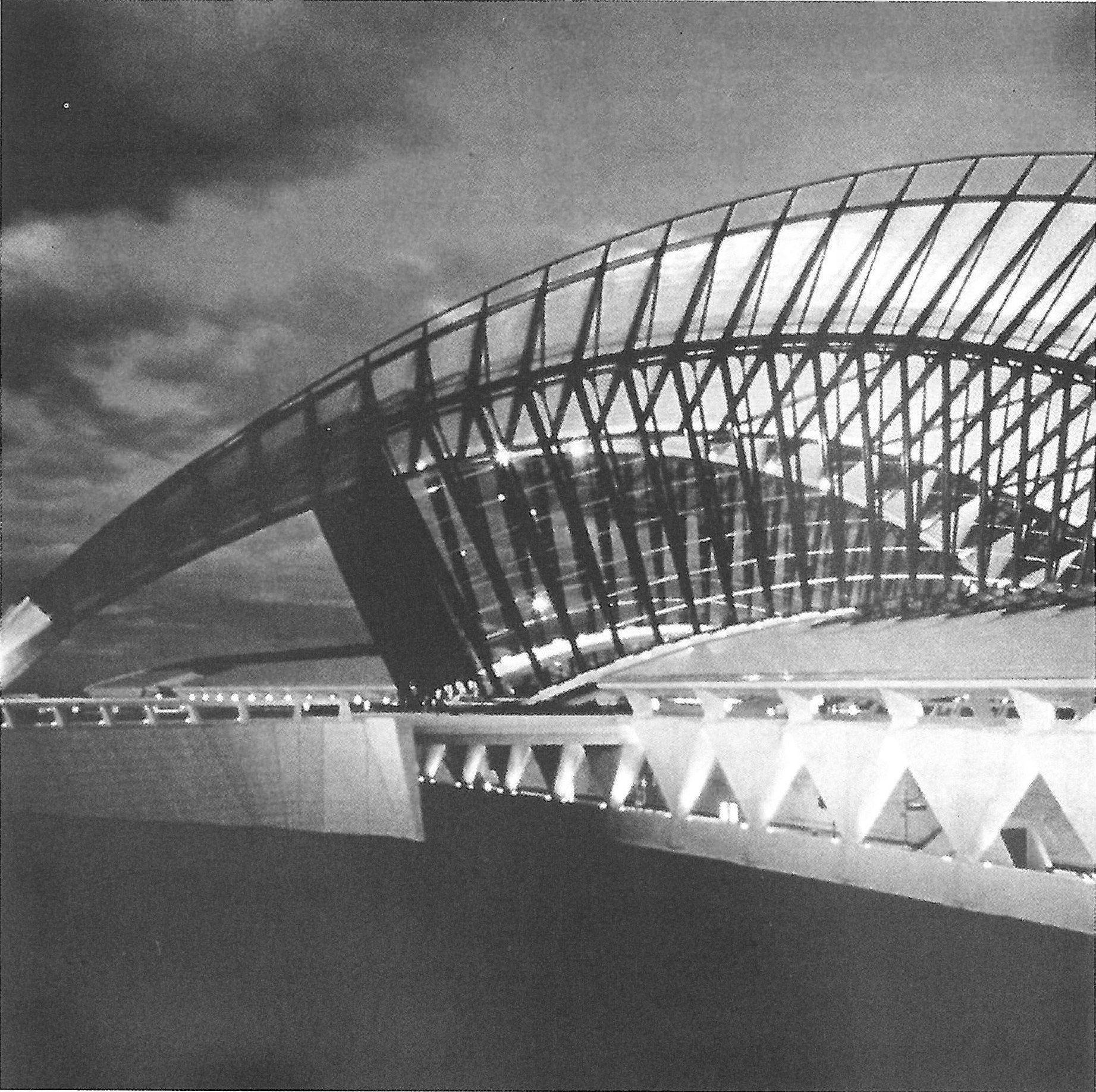 The ribbed steel roof of Calatrava’s Lyon station at night