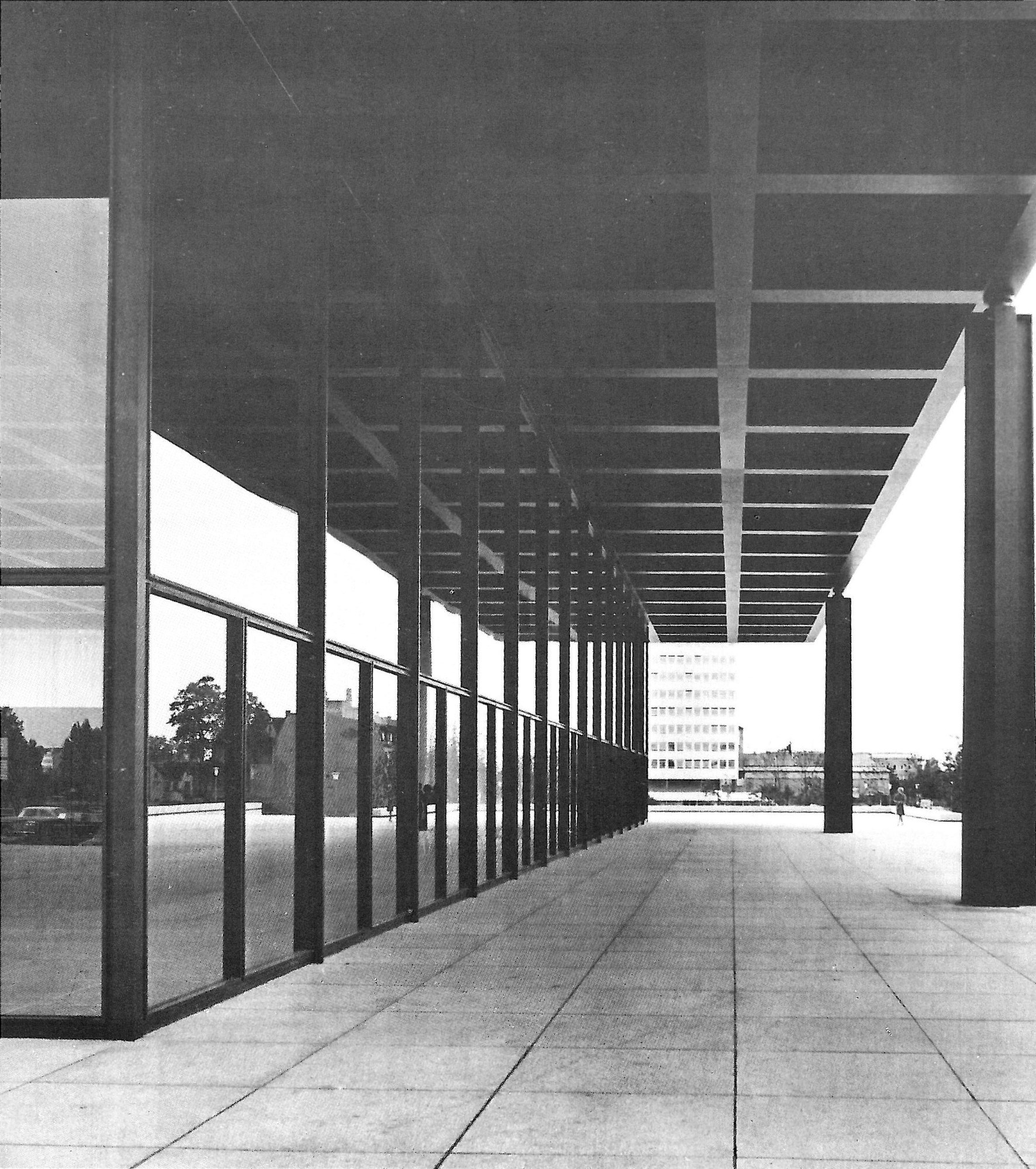 The colonnade and coffered roof of the Neue Nationalgalerie in Berlin