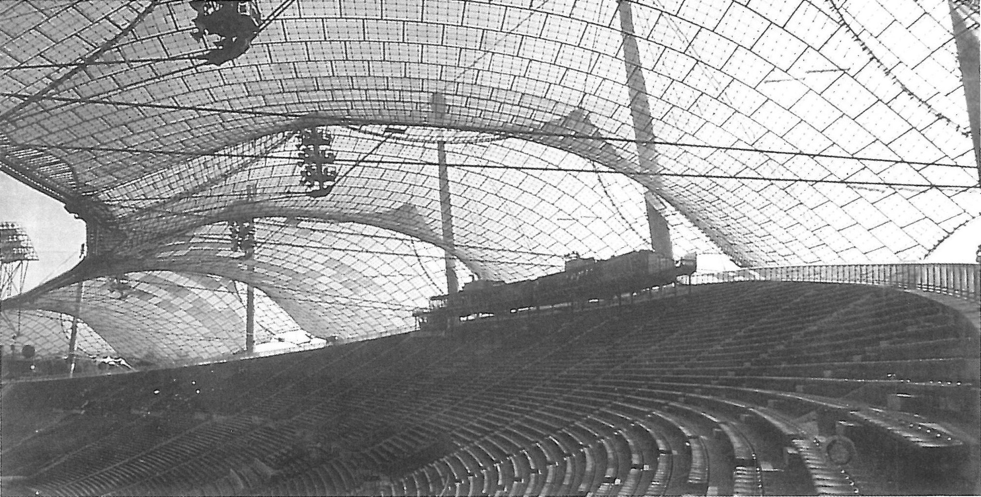 The cable-net roof over the stands of the Munich Olympic stadium