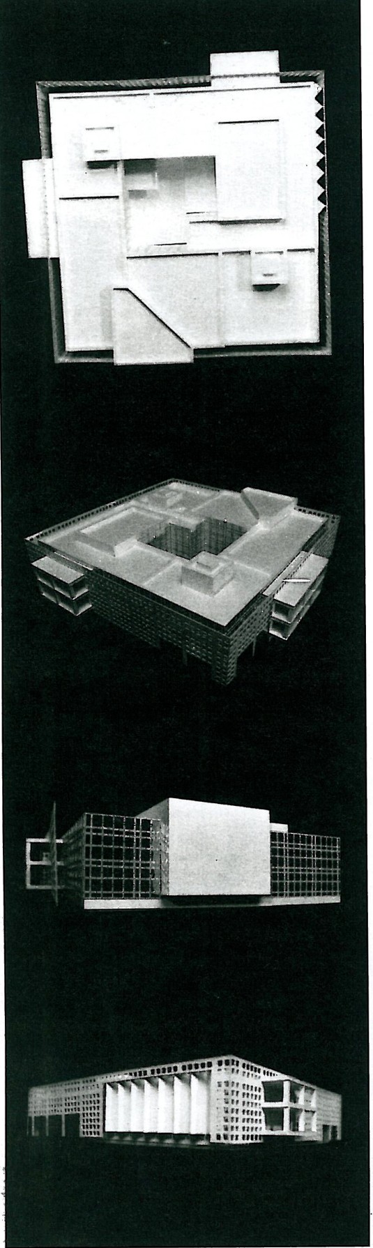 Vertical column of four greyscale study models of the Esfahan Library, showing the project's iterative massing studies stacked from top to bottom