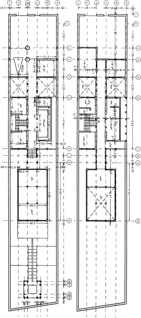 Two ink-drawn architectural floor plans printed in a vertical strip showing room layouts of the house and the pool that penetrates the southern hall.