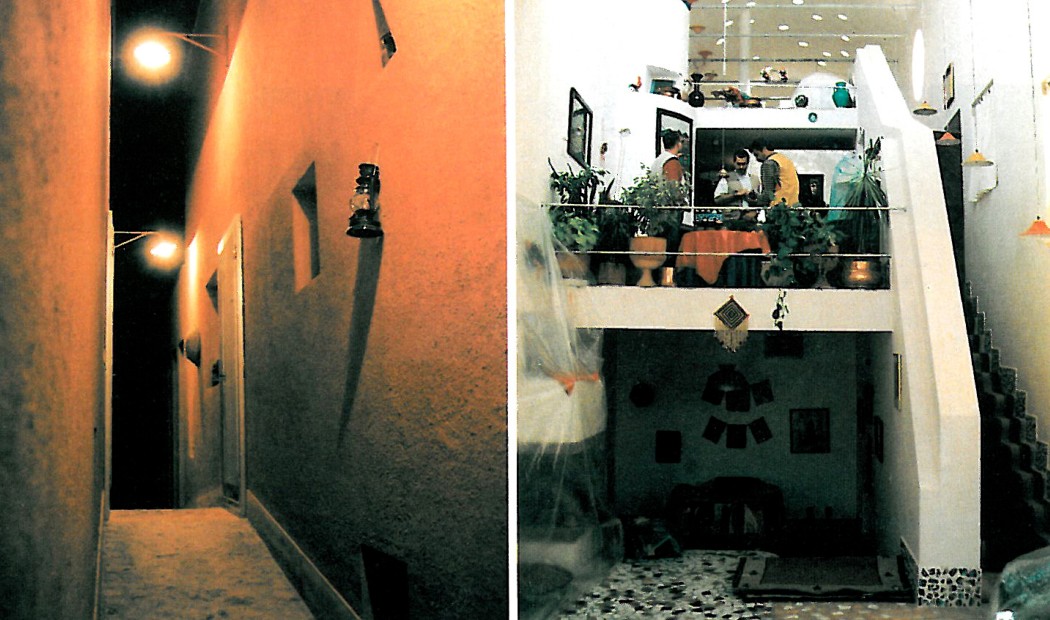 Two paired photographs: a narrow Esfahani-style entrance alley with a recessed lantern, and a brightly lit interior staircase rising through a double-height hall.
