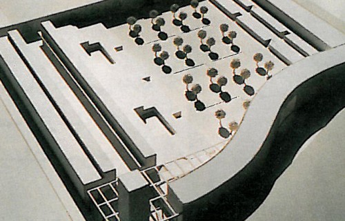 Architectural urban-design model of a public square, with white kiosks dotted across a contoured plaza, photographed from a high oblique angle.