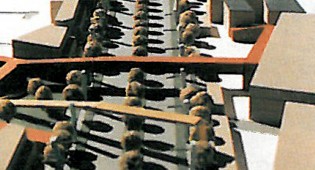 Architectural model of a long arcaded brick facade with rhythmic two-storey arches, photographed in oblique perspective.