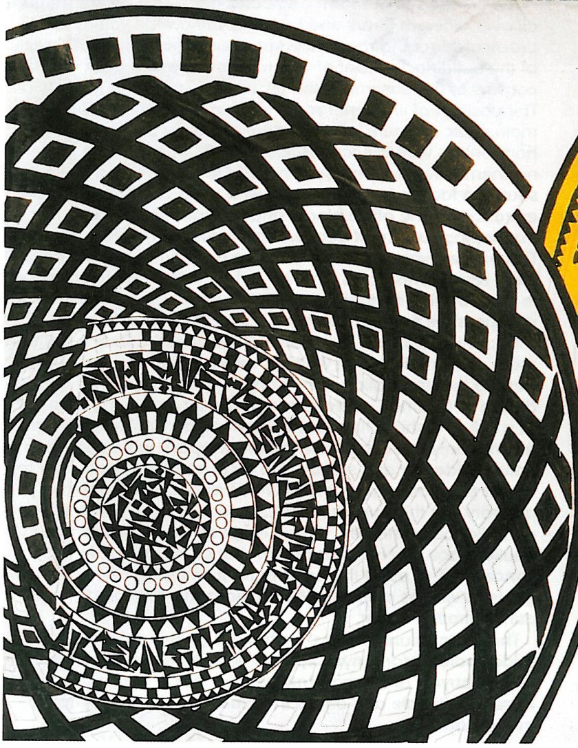 Black-and-white calligraphic disc — left half of the two-disc spread Zenderoudi commissioned by a French college: a dense grid of letters and stylised characters rotated around a central radial pattern.