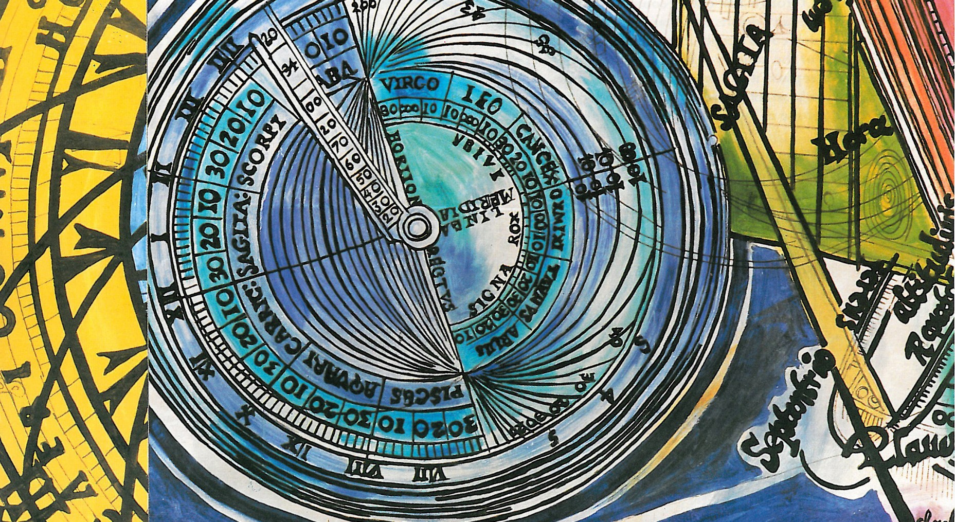 Continuation of the calligraphic-disc spread commissioned by a French college, with overlapping bands of inscribed text radiating outward.