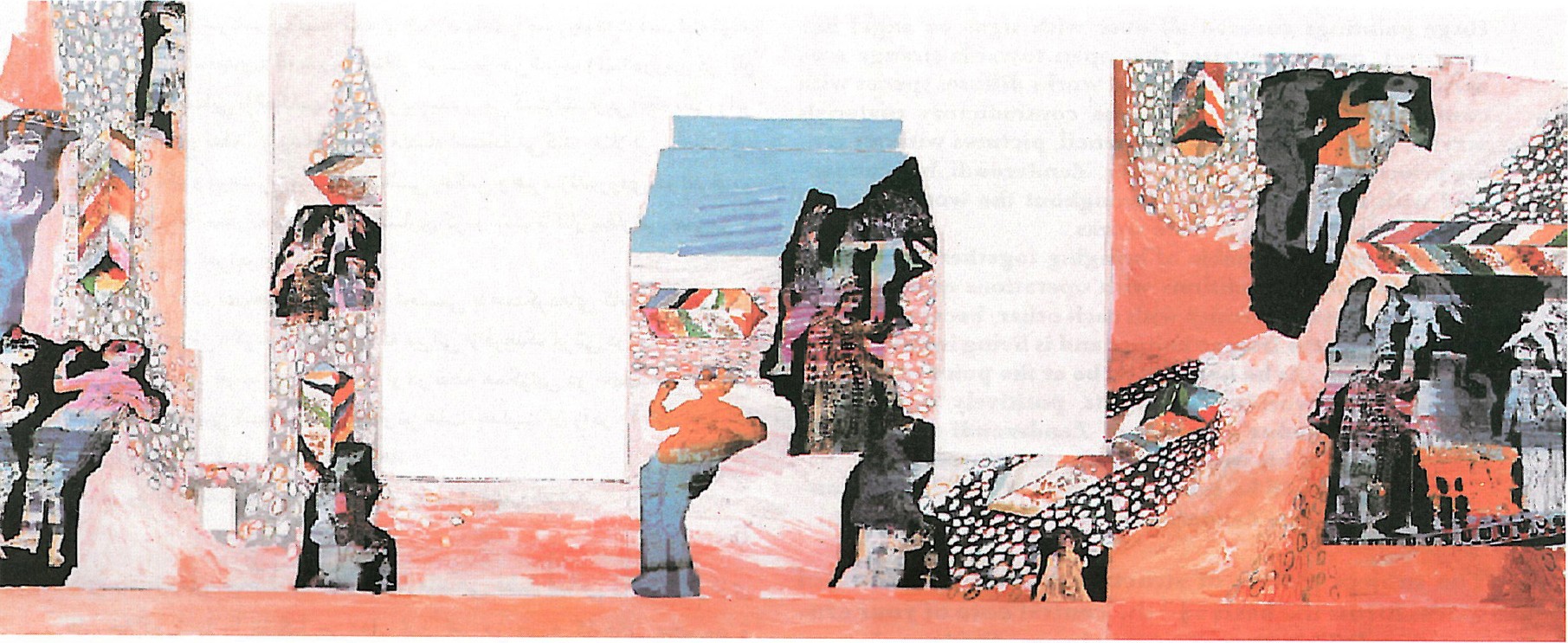Horizontal collage commissioned by the City of Paris: small painted figures interspersed with mosque silhouettes and orange wash, designed as a facade treatment for old buildings.