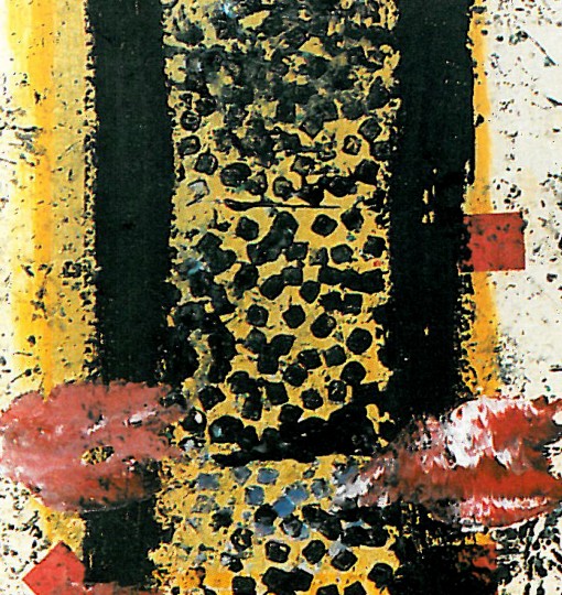 Painting titled 'The secret of Caravage': vertical composition with a dense black-and-leopard-pattern column overlaid with red and yellow accents.