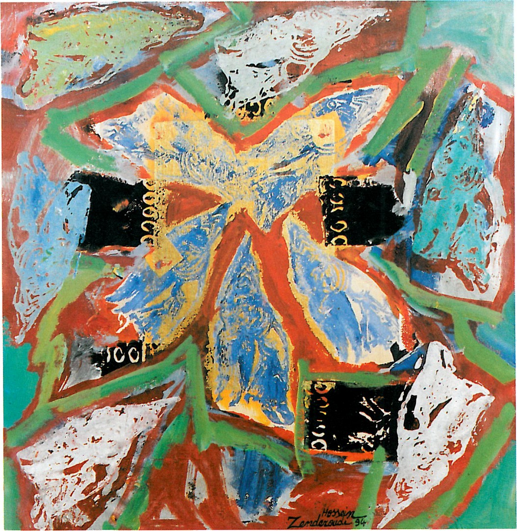 Large painting titled 'The hidden absence': cruciform composition in red, ochre and turquoise with two dark inscribed cartouches and dense splattered colour.