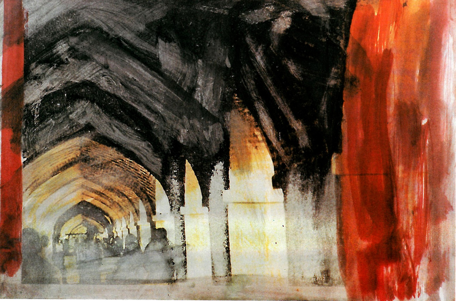 Painting titled 'The red arch': interior of a vaulted arcade washed in deep red, with luminous yellow figures floating between dark columns.