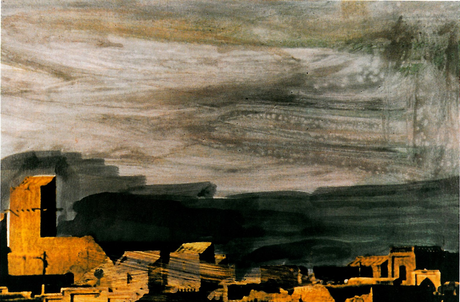 Painting titled 'Hot cold': horizontal landscape of a desert town silhouette under a brooding dark sky, with golden masonry catching low light.