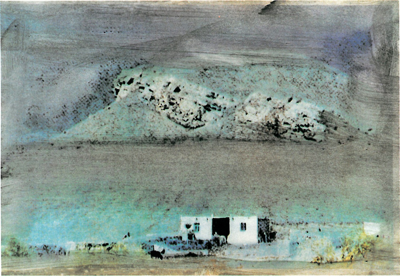 Painting titled 'The silver mountains': a chain of mottled silver-grey peaks above a turquoise plain and a small lone white house at the foot of the range.