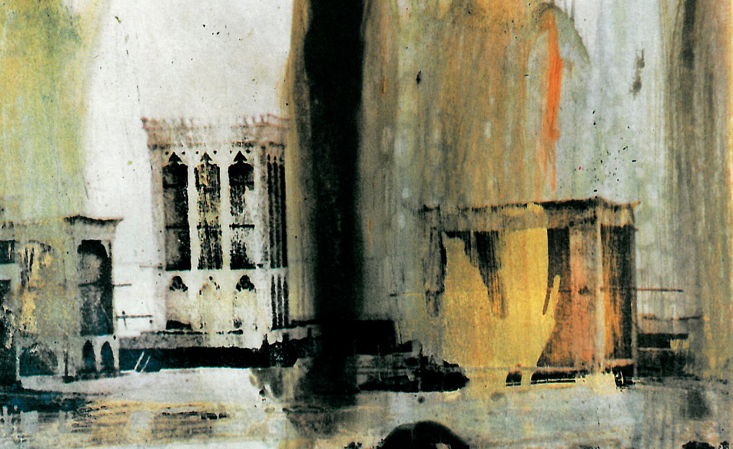 Painting titled 'wind, wind & wind': fractured cityscape of pale building facades dissolving into dark wind-driven streaks and ochre glow.