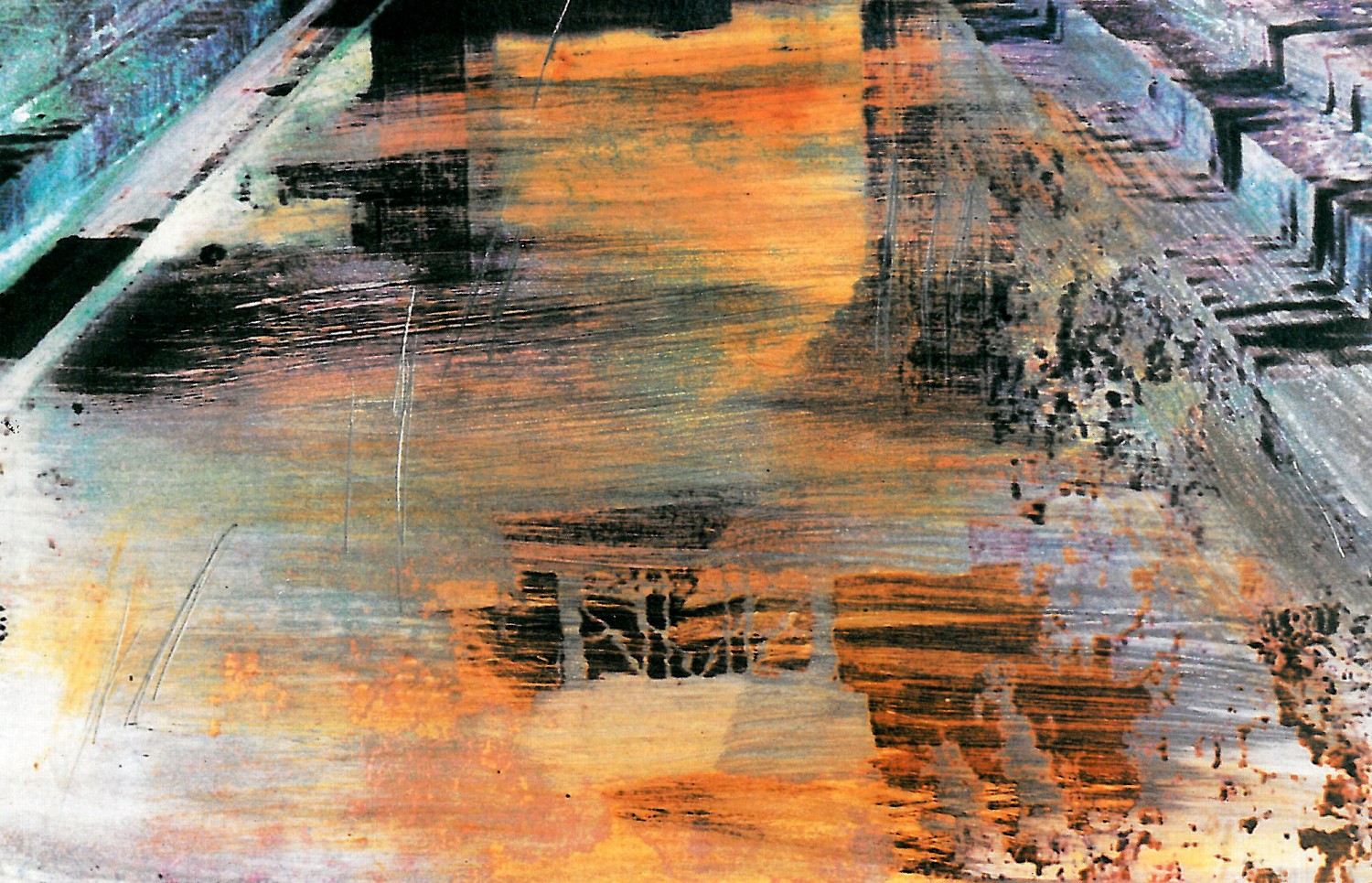 Painting titled 'The centre of the courtyard': aerial-perspective view of a bazaar courtyard's pool reflecting flame-coloured streaks under a striped iwan canopy.