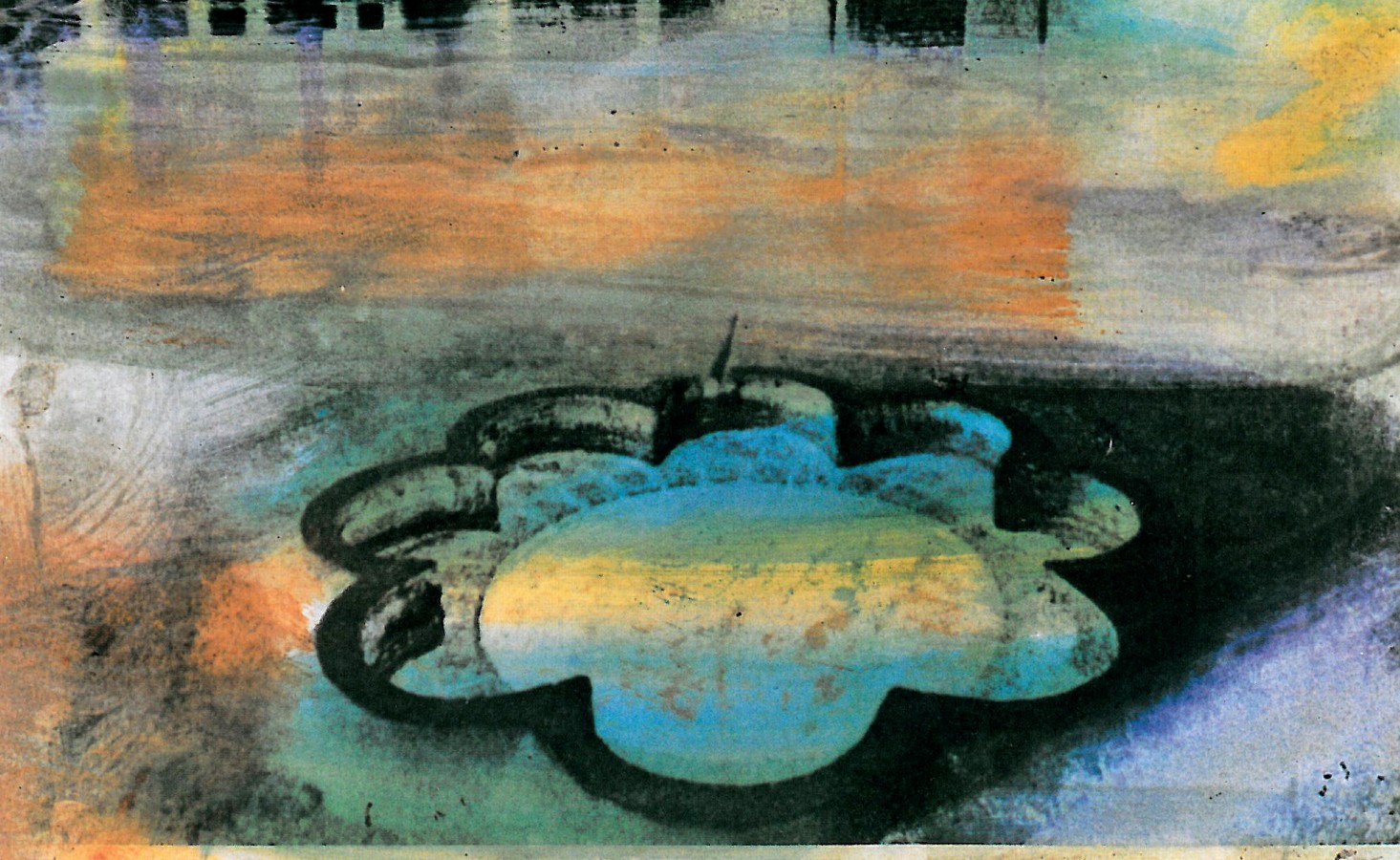 Painting titled 'The shadow of the sun': arcaded courtyard with a turquoise lobed pool in the foreground and amber light spreading across the paving.