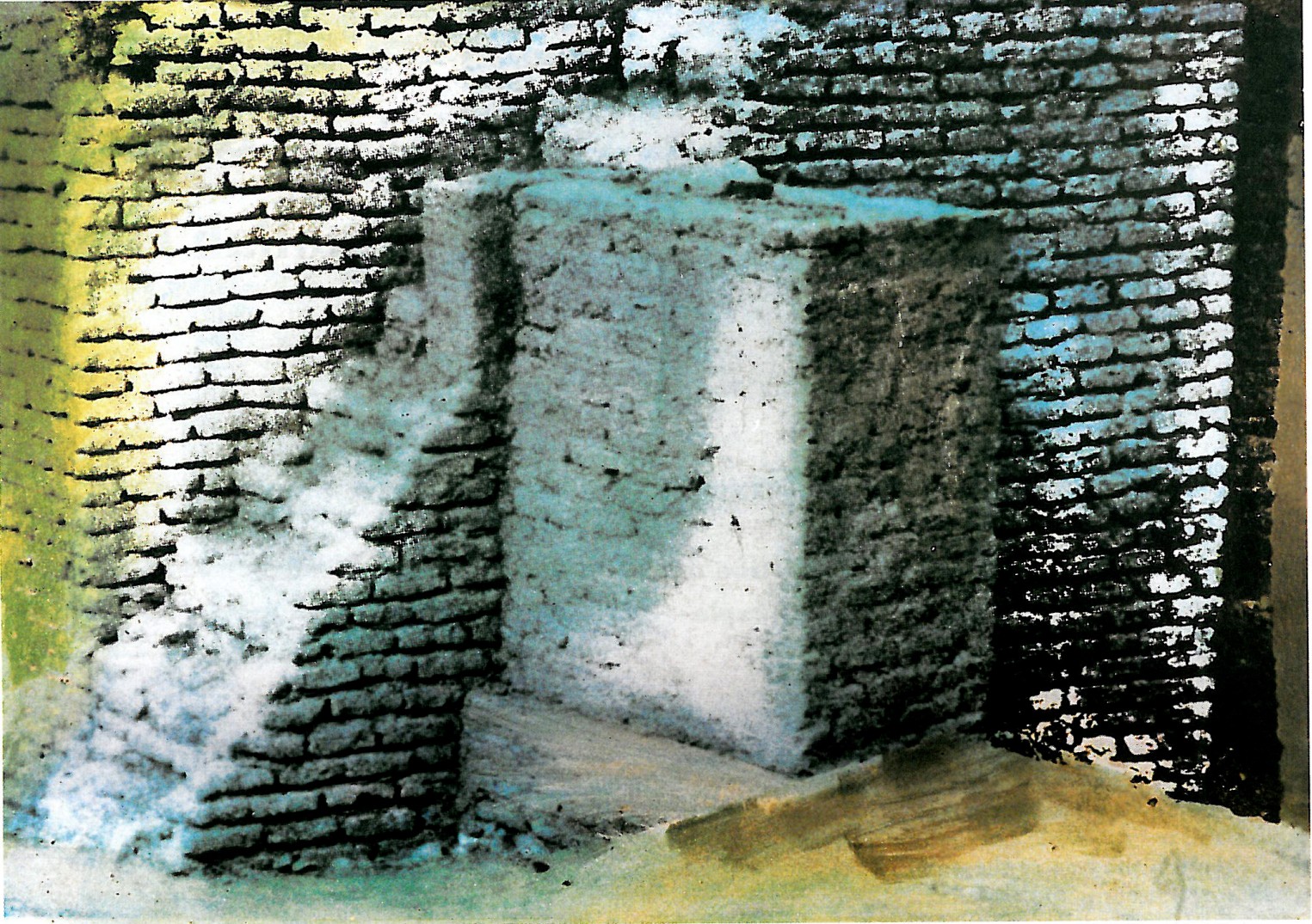 Painting titled 'Volume': a raw brick masonry cube rendered against a dark indigo ground, with chalky white impasto and stepped masonry plinth — Zenderoudi's late-career exploration of architectural mass.