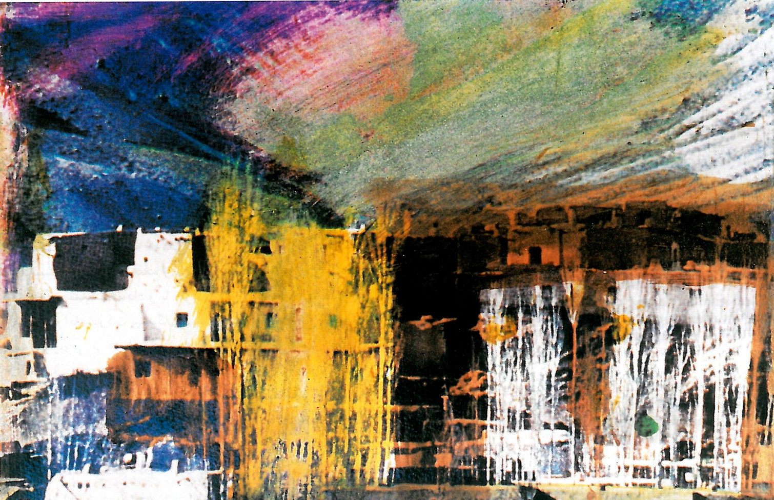 Painting titled 'The hot soil': layered horizontal landscape with a dim village to the left dissolving into dripping curtains of yellow, ochre and pink wash.
