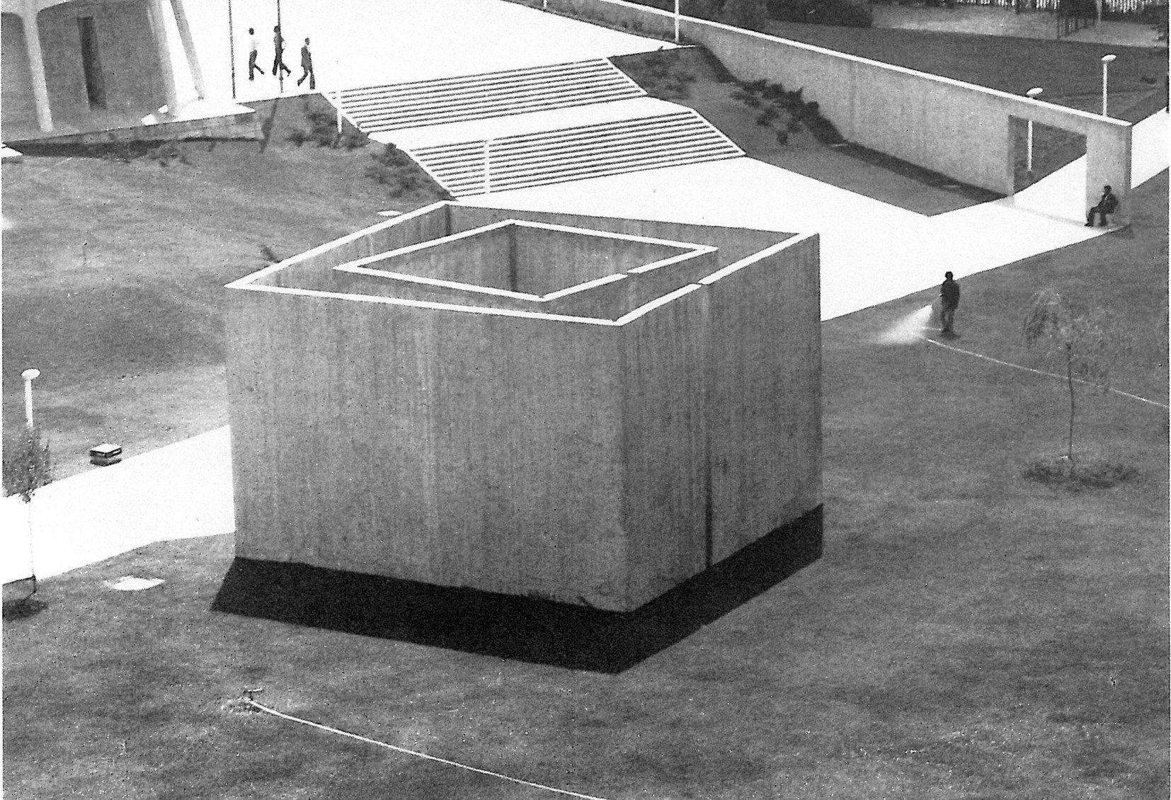 Diba's prayer pavilion at Laleh Park with its concrete cube and sculptural surroundings