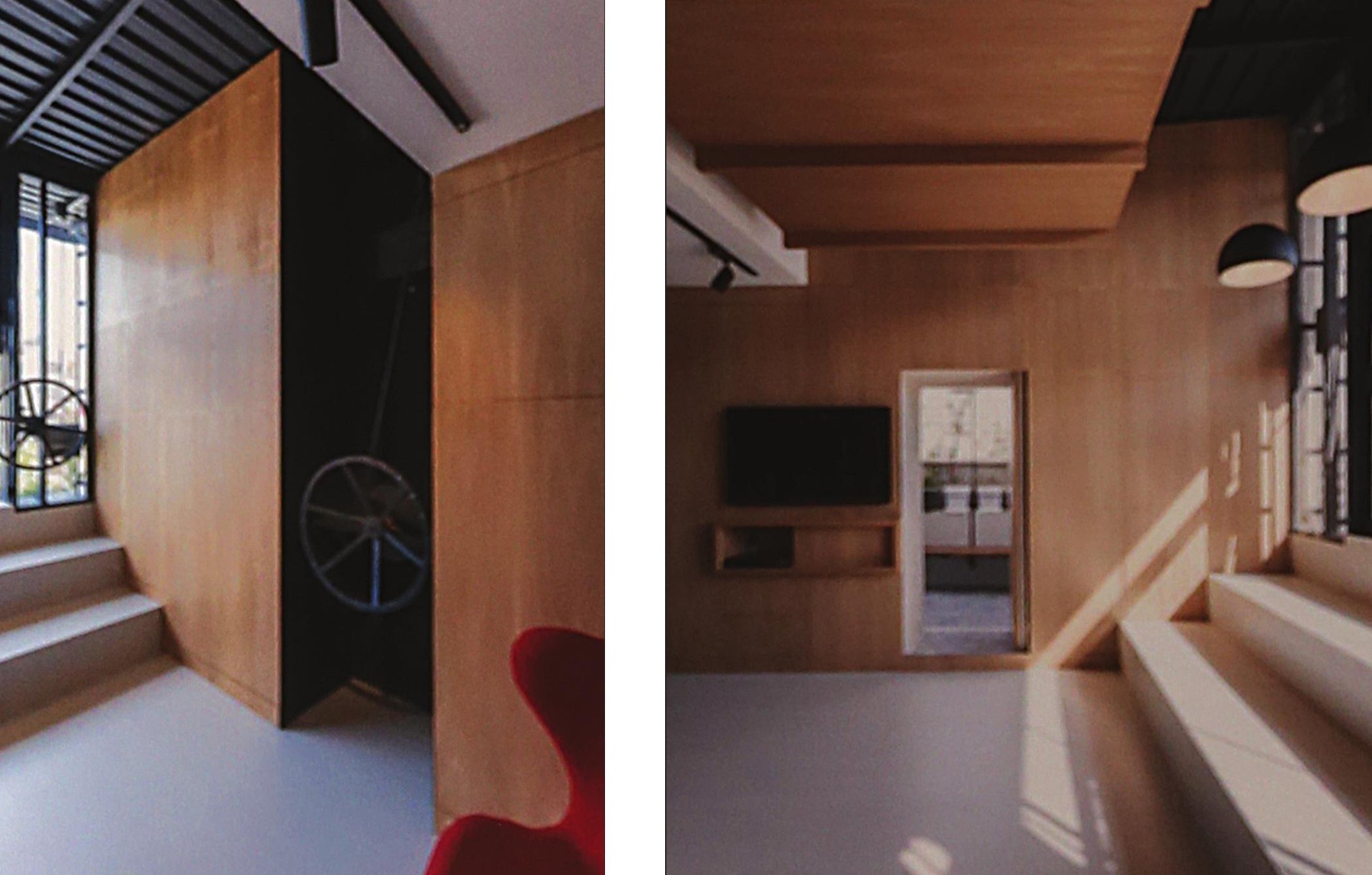 Warm-toned bedroom with timber-clad walls