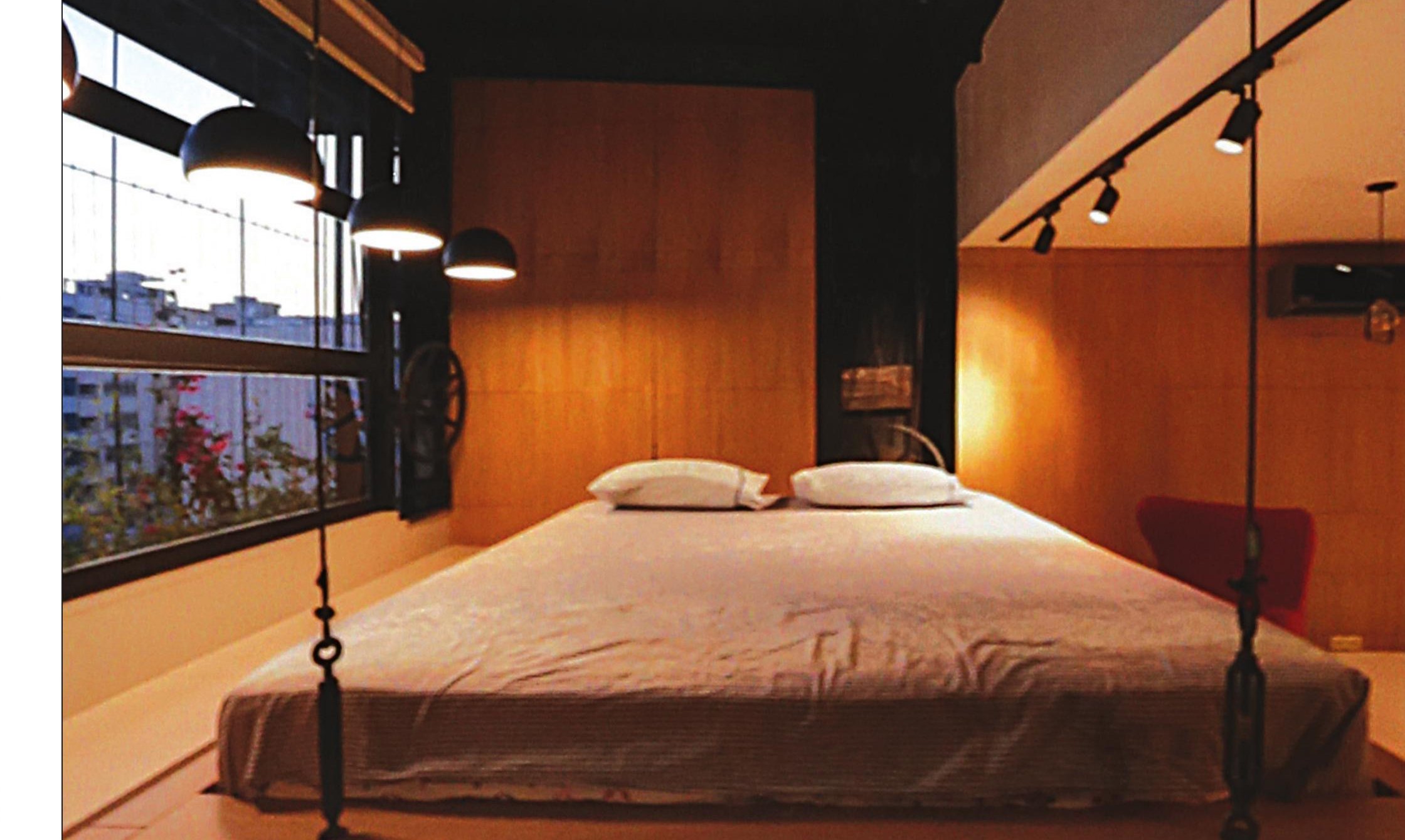 Compact wood-lined interior with glazing detail