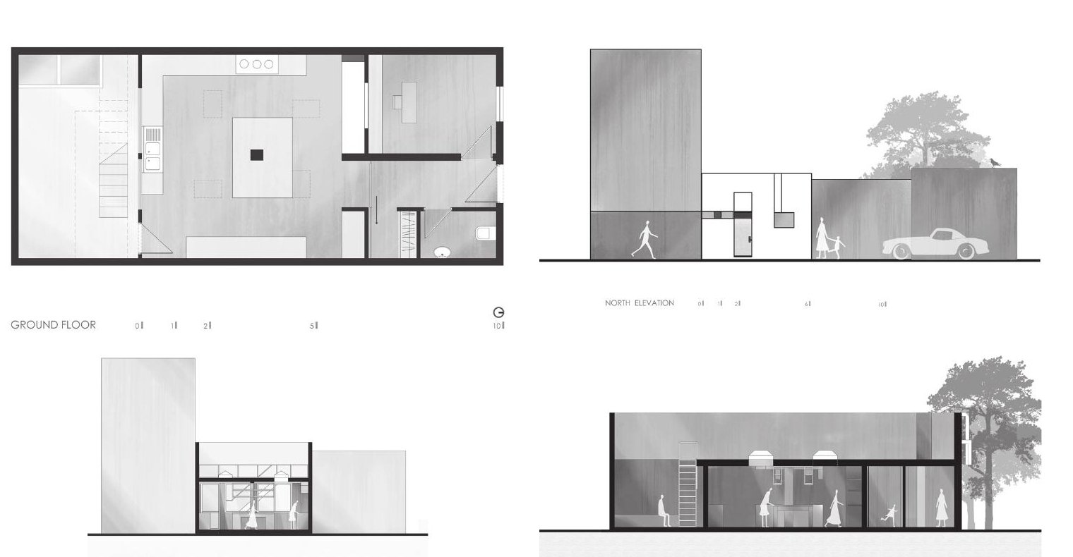 Ground floor plan and three sections of Aabaan Kitchen showing the linear three-zone organisation of office, services and cooking