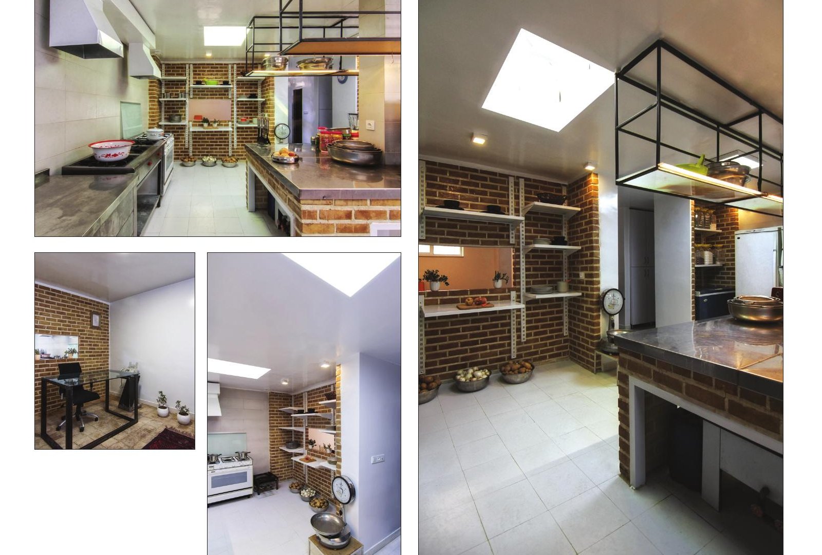 Composite of interior views of Aabaan Kitchen showing the brick wall ovens, the shelved utensils and the back office
