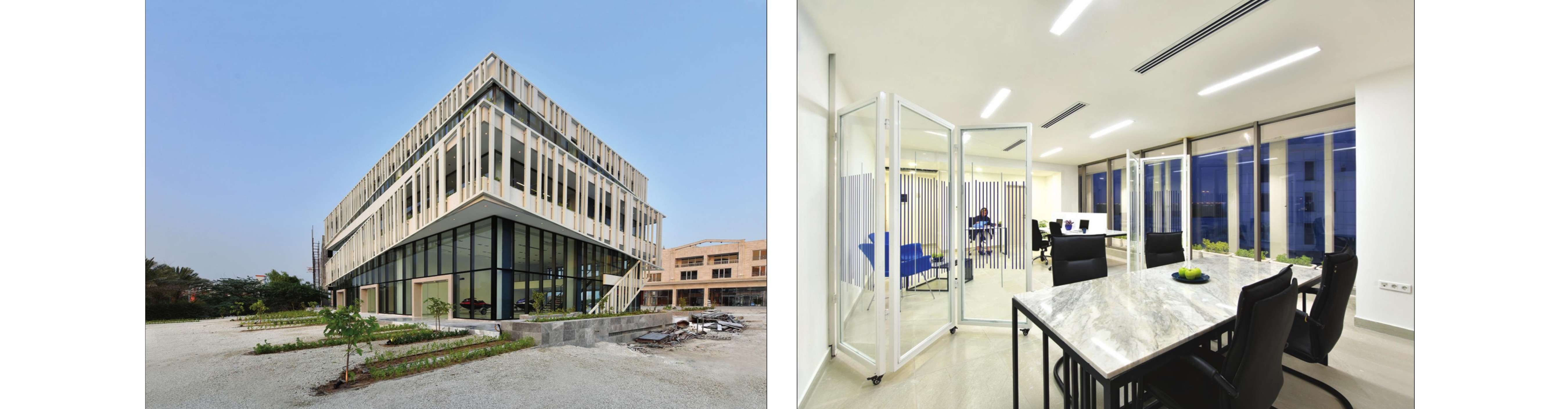 Barcode complex — exterior corner view and interior with folding glass partitions