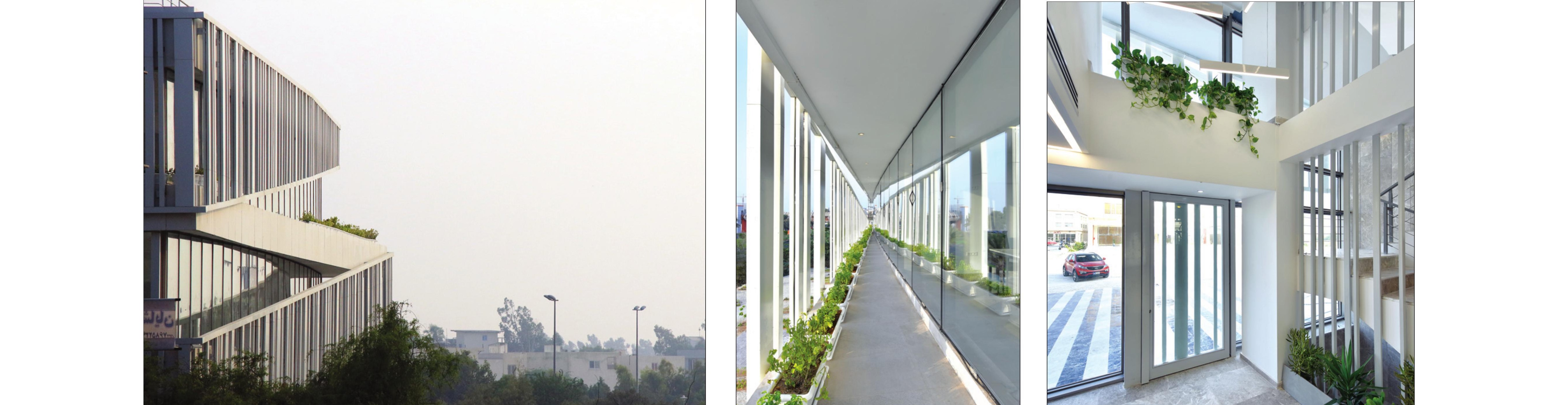 Three views: terraced corner, glazed corridor with planters, atrium with stair