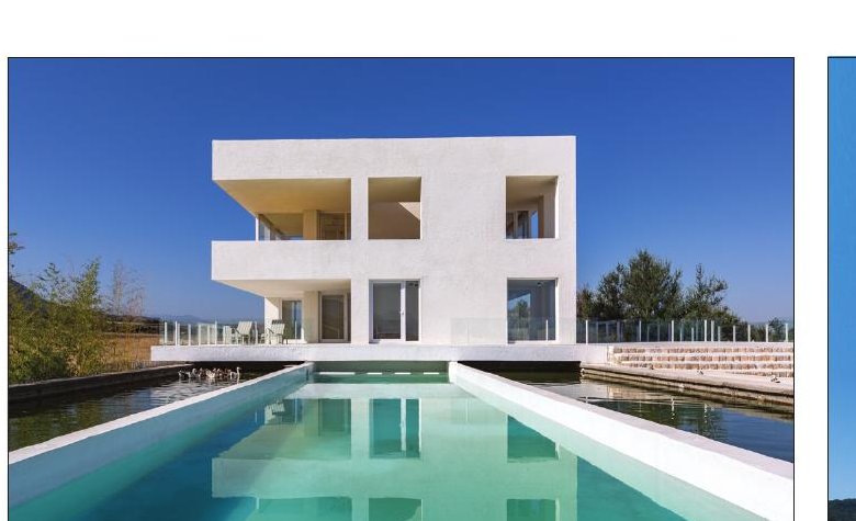 Cheshm Cheran Villa from the pool: white volumes mirrored in the long rectangular reflecting pool