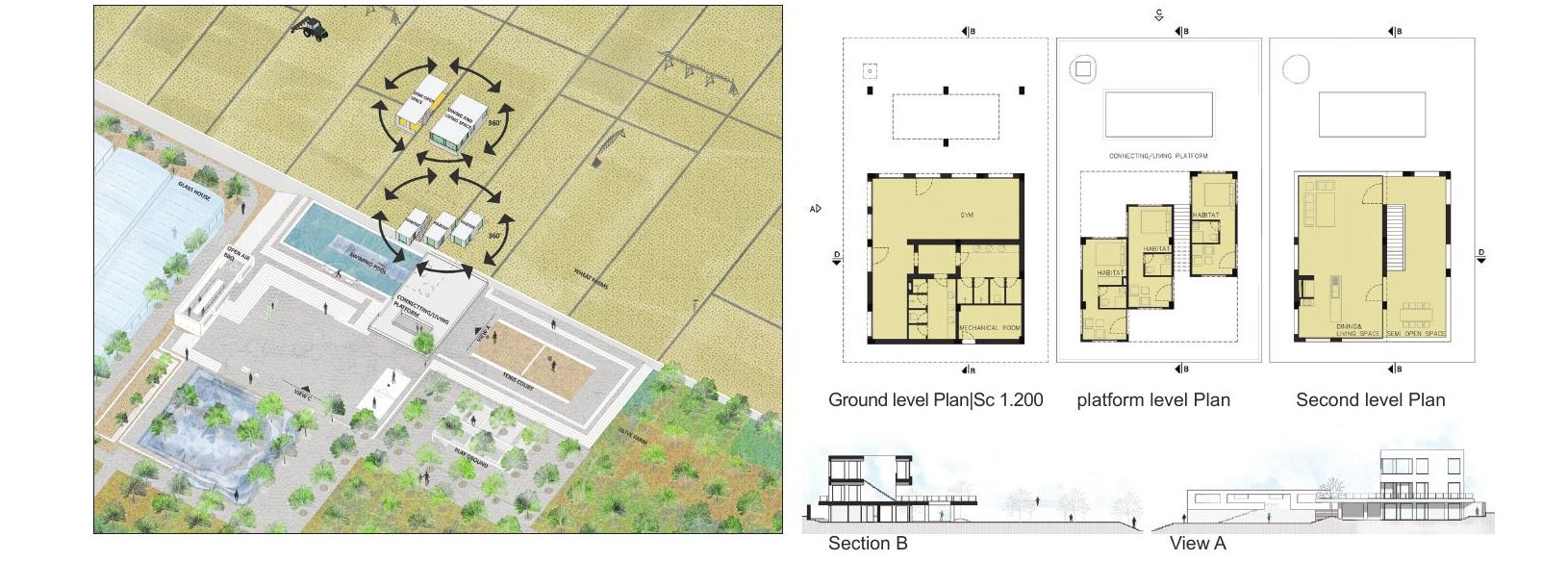 Aerial site plan and three floor plans of Cheshm Cheran Villa with the platform marked in solid block