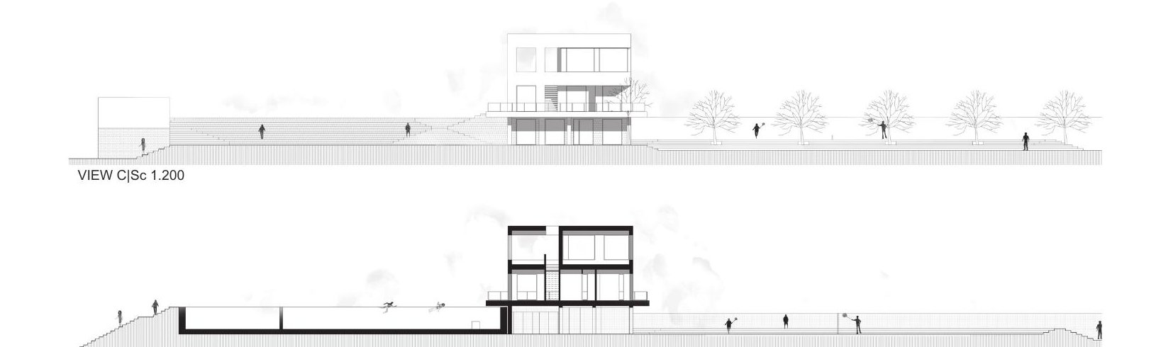 Two long sections of Cheshm Cheran Villa showing the relationship between the platform and the field