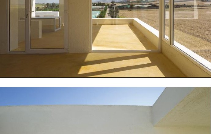 Inside the elevated platform of Cheshm Cheran Villa with the framing piers and clerestory daylight