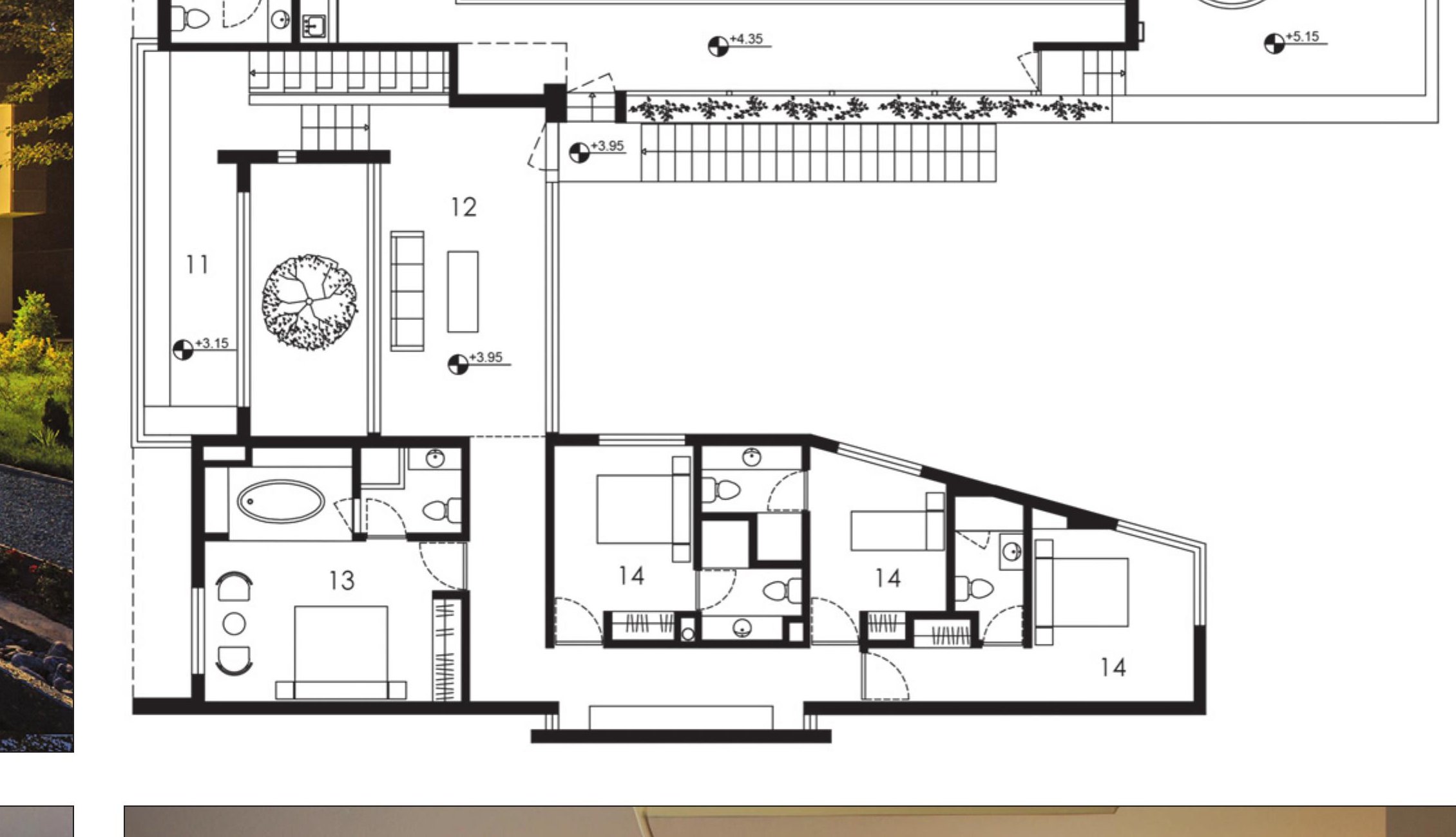 Floor plan showing long pool and living hall