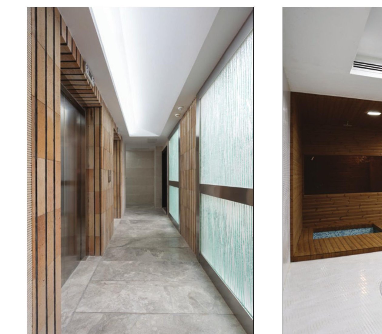 Bathroom interior — orange-toned stone wall against polished floor