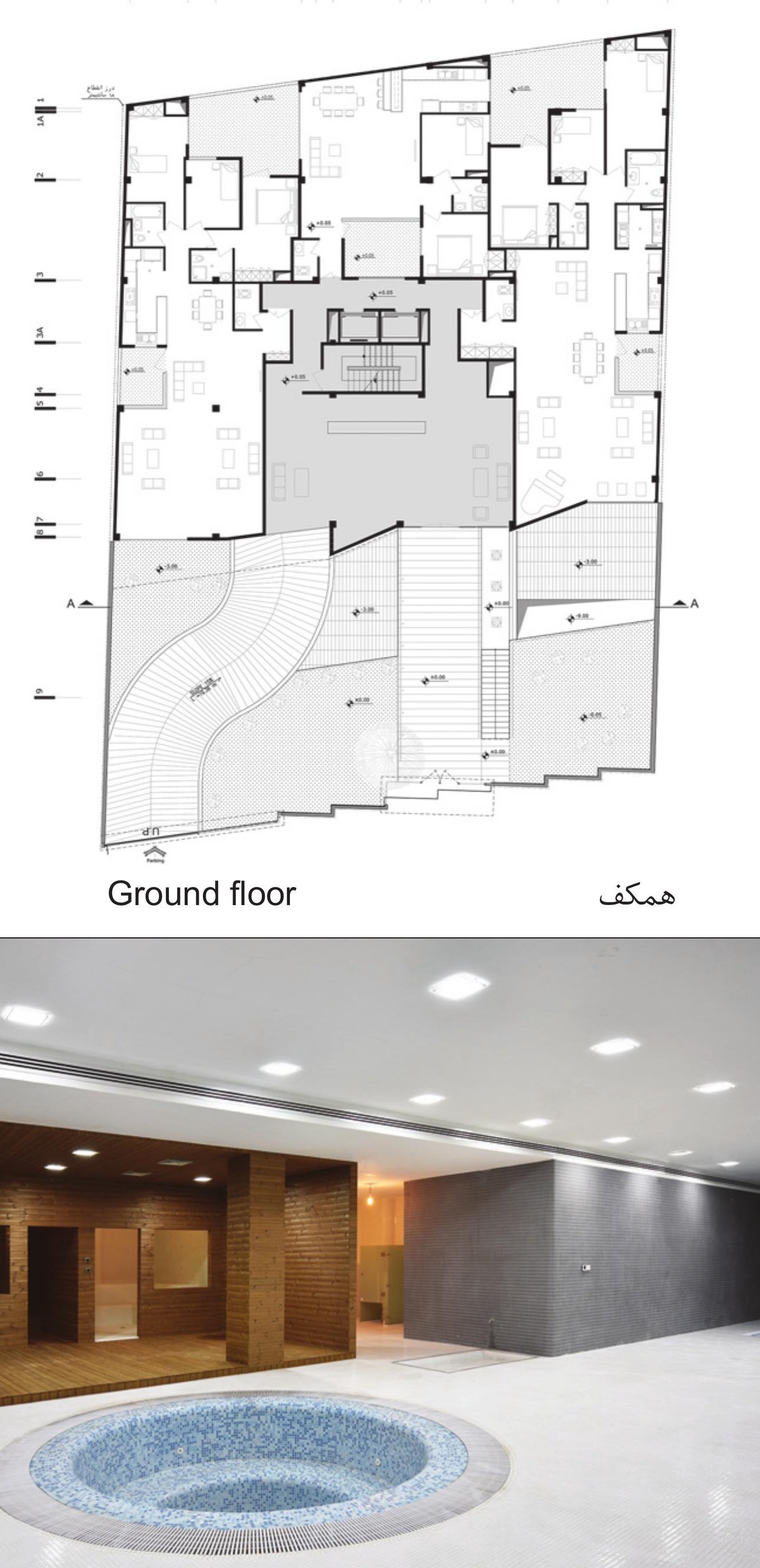 Ground floor plan showing depressed courtyard and bridge access