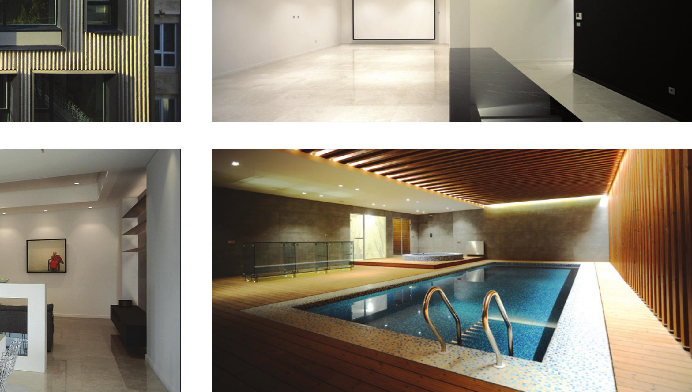 Indoor pool with wood-fin walls and ceiling wrapping a blue mosaic basin
