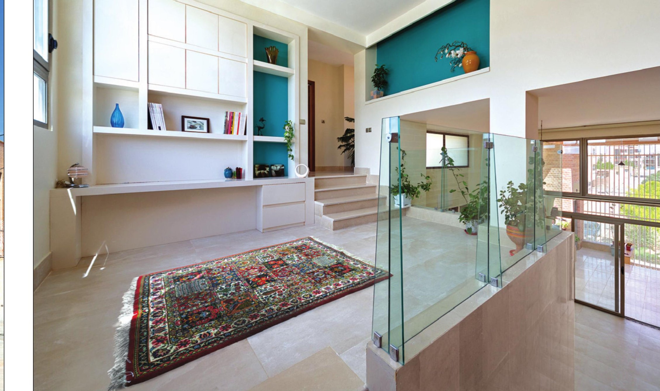 Interior with traditional rug on the polished floor