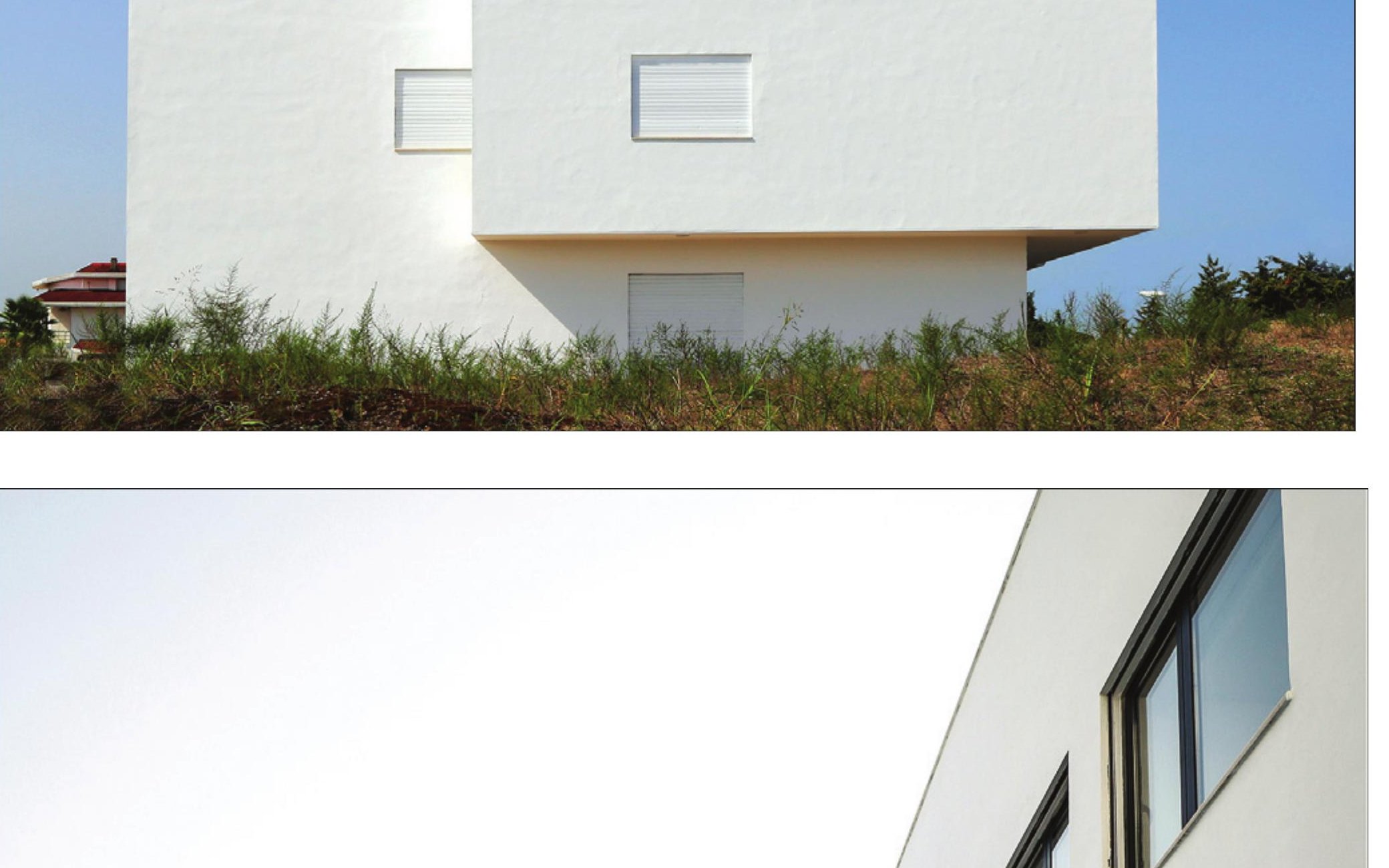 Travertine facade — two interlocking volumes
