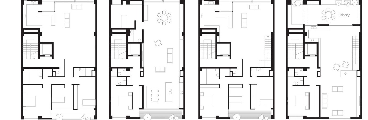 Four floor plans of Manzarieh Residential Building showing the variety of unit types across the floors